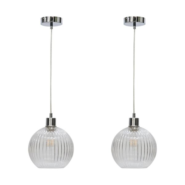 Set of 2 Betchley - Clear Ribbed Glass Globe with Chrome Pendant Fittings