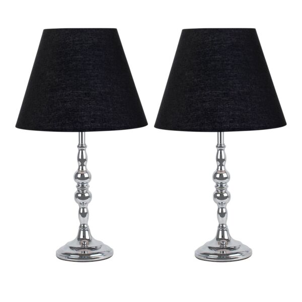 Set of 2 Chrome Table Lamps with Decorative Stem and Black Shades