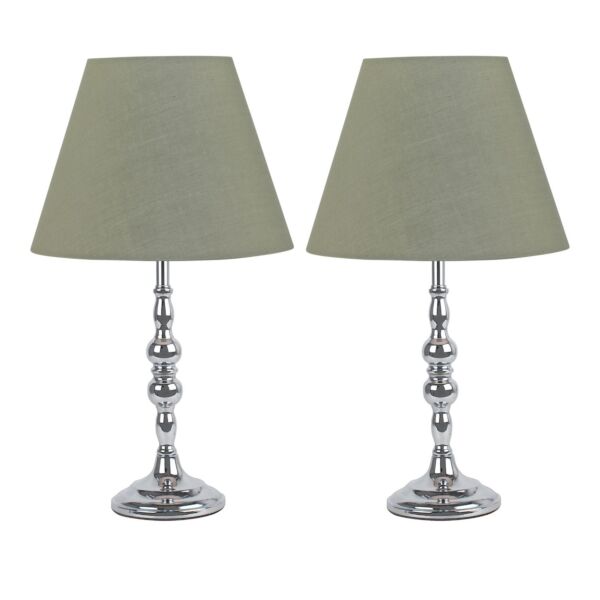 Set of 2 Chrome Table Lamps with Decorative Stem and Sage Green Shades