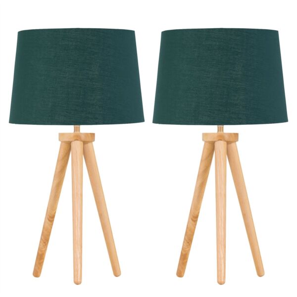 Set of 2 Light Oak Table Lamp or Bedside Lights with Green Gold Shades