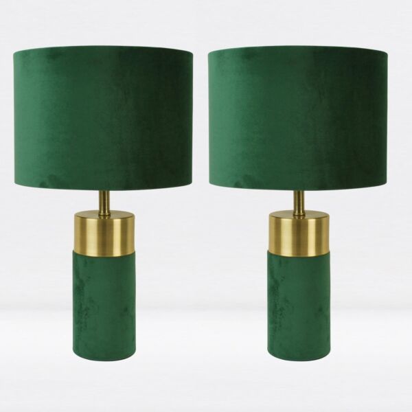 Set of 2 Green Velour Velvet Table Lamps