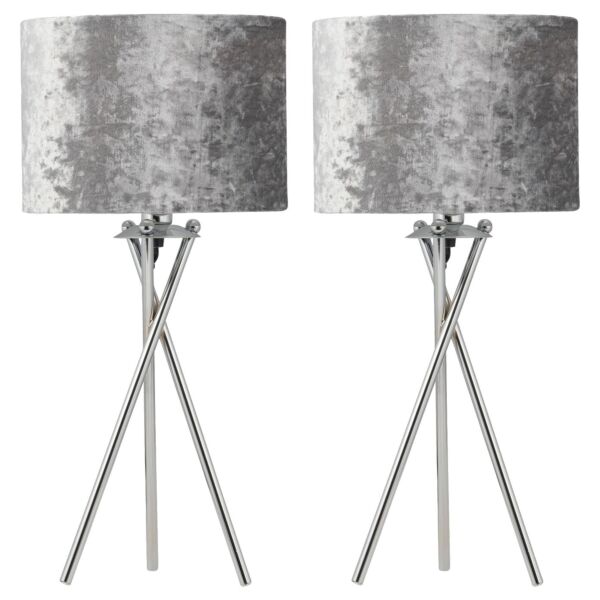 Set of 2 Chrome Tripod Table Lamps with Grey Crushed Velvet Shades