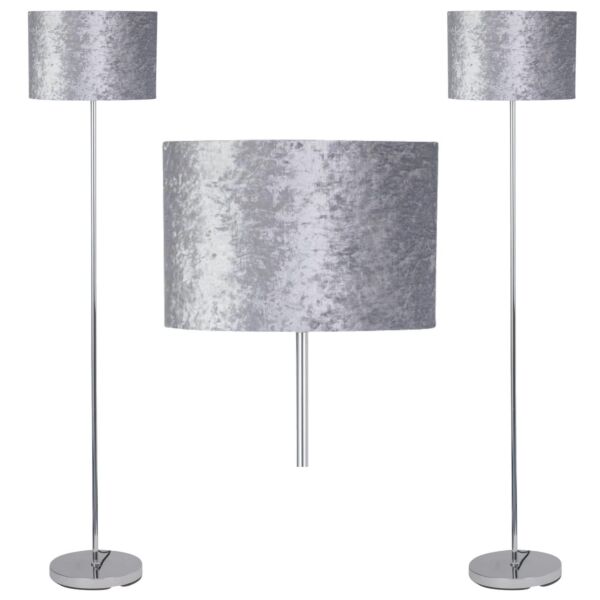 Set of 2 Chrome Stick Floor Lamps with Grey Crushed Velvet Shades