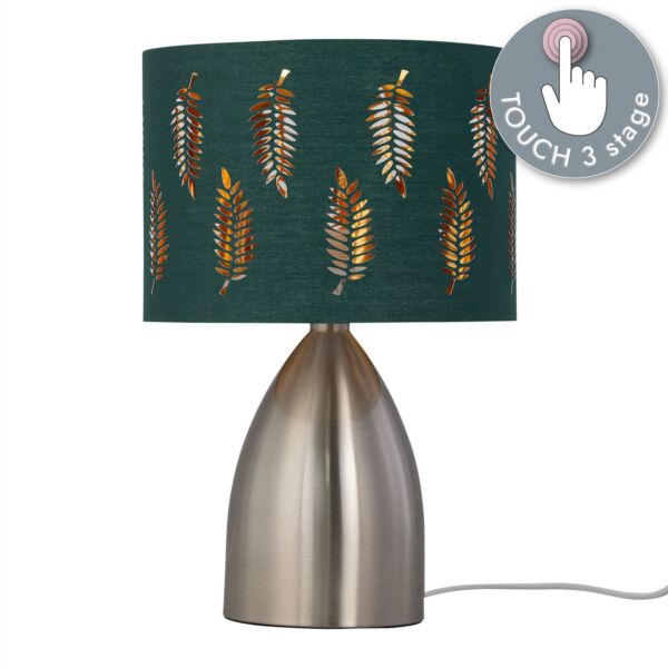 Valentina - Brushed Chrome Touch Lamp with Dark Green Fern Shade