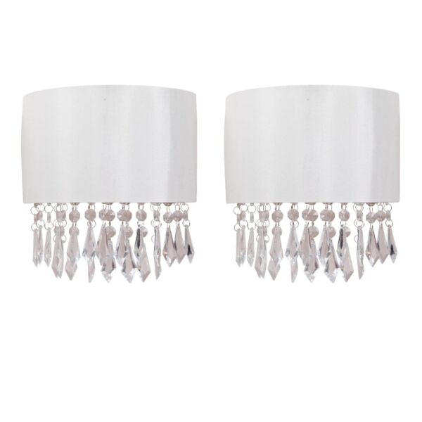 Set of 2 Jewelled Ivory Fabric Wall Lights With Clear Beaded Crystal Style Strings