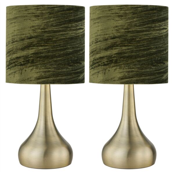Set of 2 Romana - Antique Brass Touch Table Lamps Green Crushed Velvet
