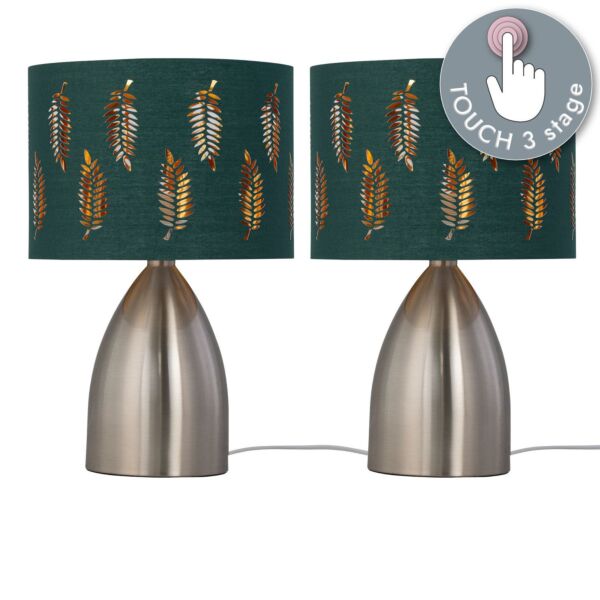 Set of 2 Valentina - Brushed Chrome Touch Lamps with Dark Green Fern Shades