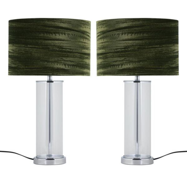 Set of 2 Aura - Chrome Table Lamps with Green Crushed Velvet Shades