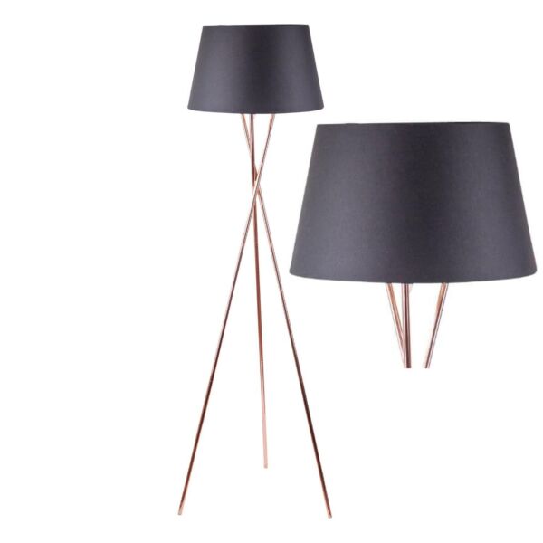 Copper Tripod Floor Lamp with Black Fabric Shade