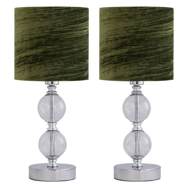 Set of 2 Chrome Two Ball Table Lamp with Green Crushed Velvet Shades