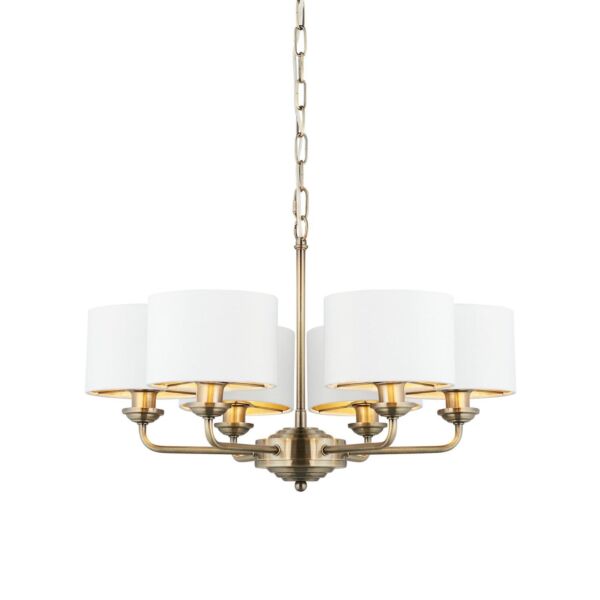 Endon Lighting - Highclere - 98936 - Antique Brass Vintage White 6 Light Ceiling Pendant Light