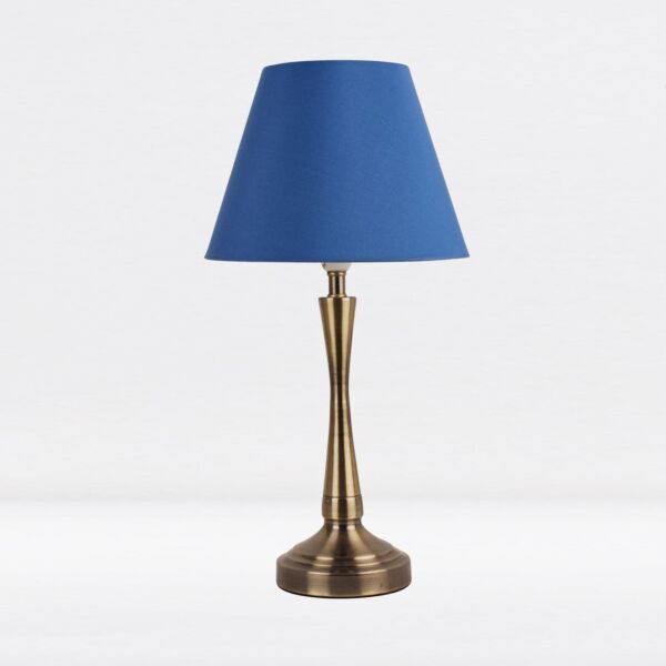 Antique Brass Plated Bedside Table Light with Curved Column Blue Fabric Shade