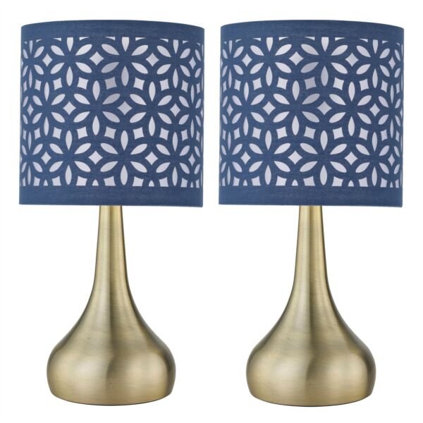 Set of 2 Romana - Antique Brass Touch Table Lamps Blue Cut Out Shade