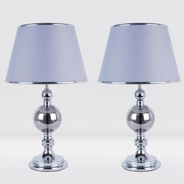 Set of 2 Chrome and Smoked Glass Table Lamps with Grey Shades