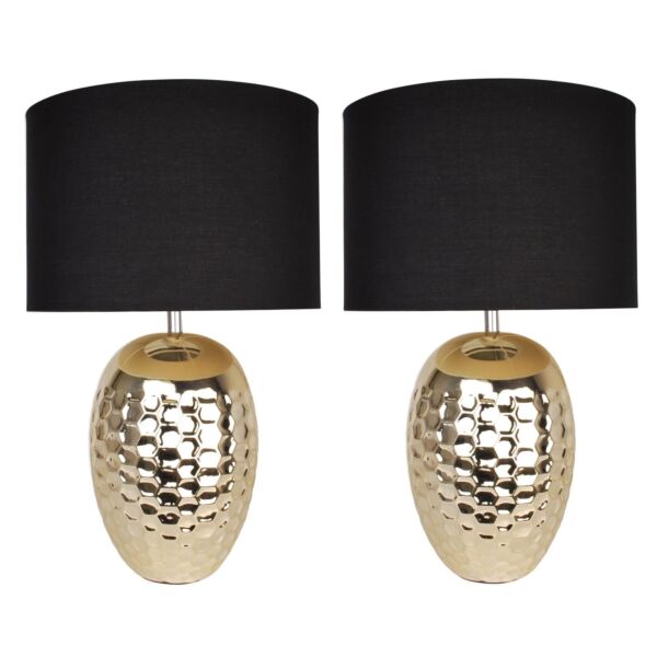 Set of 2 Textured Ceramic Bedside Table - Pale Gold Plated Finish and Black Textured Cotton Fabric Shade