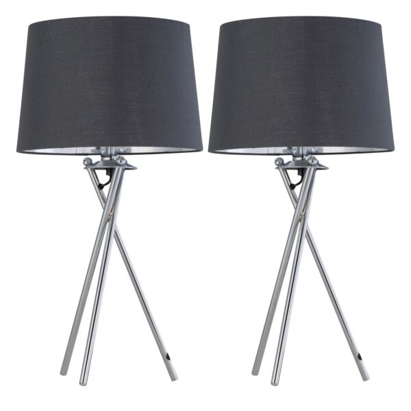 Set of 2 Tripod - Chrome Lamps with Grey & Silver Fabric Shade