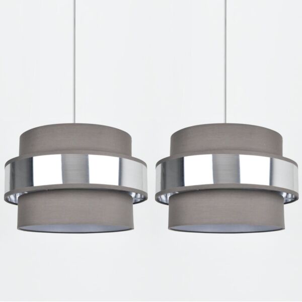 Set of 2 Easy Fit 2 Tier Grey Fabric & Brushed Silver Plated Banded Ceiling Shade