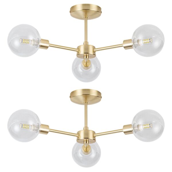 Set of 2 Toner - Satin Brass with Clear Glass Globes 3 Light Flush Ceiling Lights