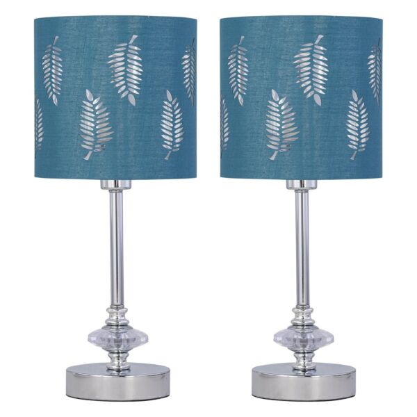 Set of 2 Chrome Jewelled Table Lamps with Teal Fern Shades