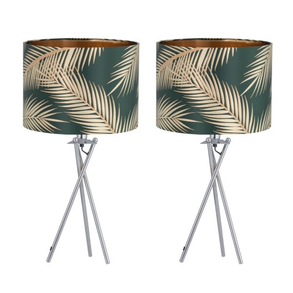 Set of 2 Tropica - Chrome Tripod Table Lamps with Dark Green and Gold Leaf Embossed Shade