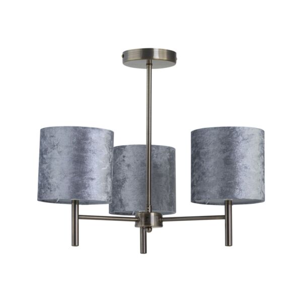 Brea - Antique Brass 3 Light Fitting with Grey Crushed Velvet Shades