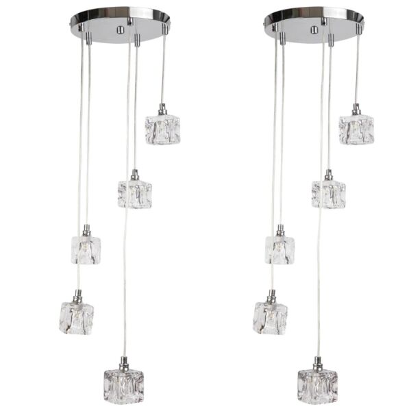 Pair of Chrome 5 Light Cluster Fitting with Ice Cube Glass Shades