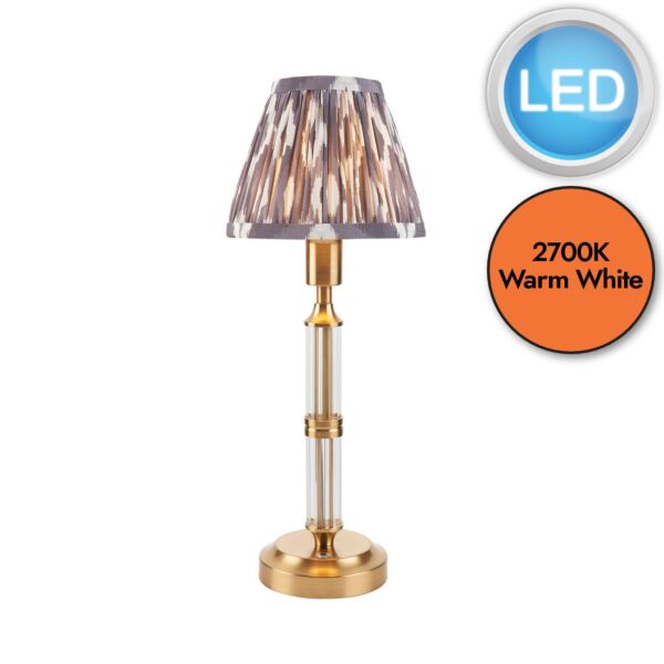 Endon Lighting - Morton Rechargeable & Ikat 16cm - 114845 - LED Aged Brass Grey Touch Table Lamp With Shade