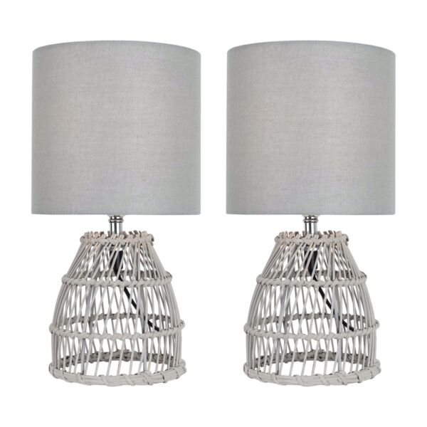 Set of 2 Bamboo - Grey Wash Bamboo 32cm Table Lamps With Grey Fabric Shades