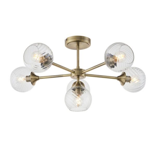 Endon Lighting - Allegra - 103171 - Antique Brass Clear Spiral Glass 6 Light Flush Ceiling Light