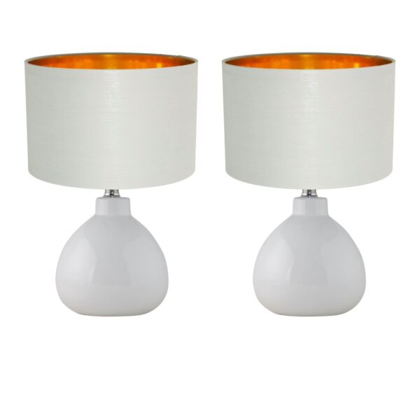 Set of 2 Tuscan - White Ceramic Lamps with Grey & Gold Shade