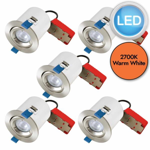 Set of 5 - Satin Chrome Fire Rated Tilt Recessed Ceiling Downlights with Warm White LED Bulbs