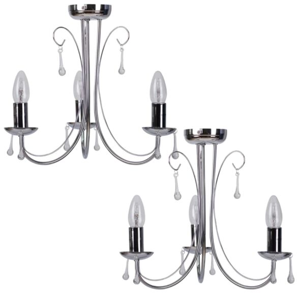 Pair of Polished Chrome with Glass Droppers 3 x 40W Ceiling Pendants