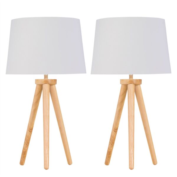 Set of 2 Light Oak Table Lamp or Bedside Lights with White Gold Shades