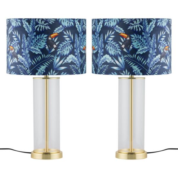 Set of 2 Aura - Satin Brass Lamps with Toucan Velvet Shades