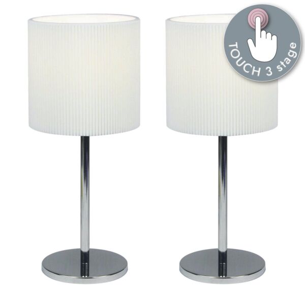 Set of 2 Chrome Touch Operated Table Lamps with White Pleat Shades