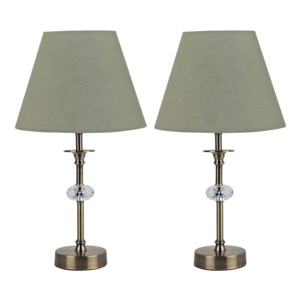 Set of 2 Antique Brass Lamps with Facet Detail and Sage Green Shades