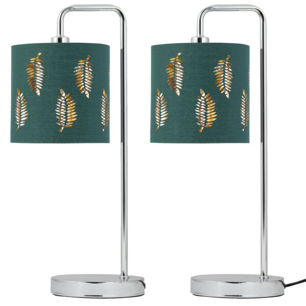 Set of 2 Arched Table Lamps with Dark Green Fern Cut Out Shades