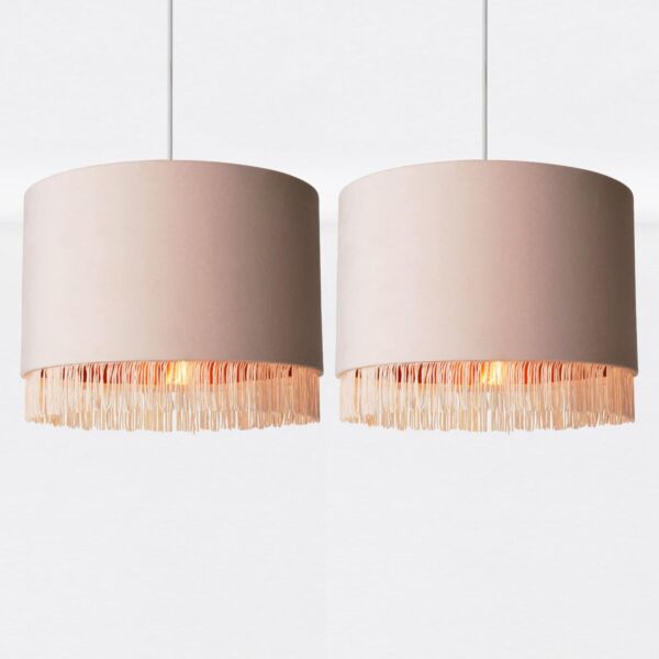 Set of 2 Blush Pink Velvet With Copper Inner Tassled Light Shades