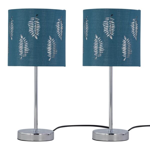 Set of 2 Chrome Stick Table Lamps with Teal Fern Cut Out Shades