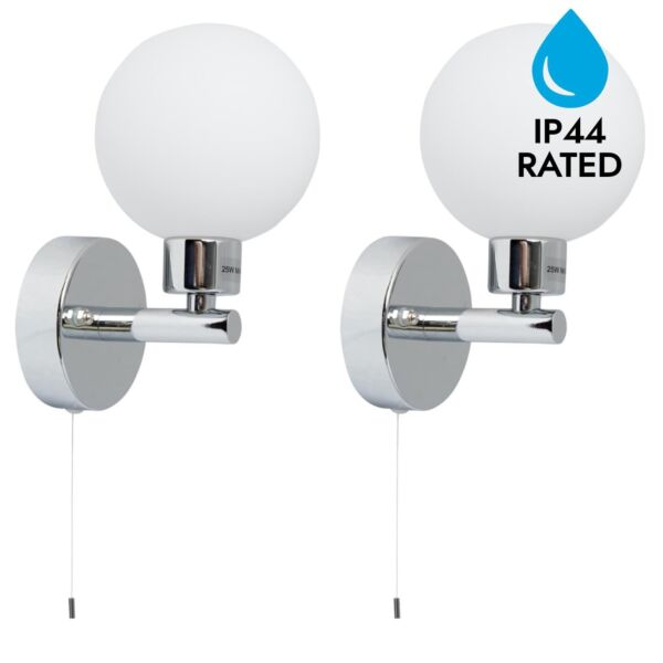 Pair of Polished Chrome IP44 Bathroom Globe Wall Light With Pull Cord Switch