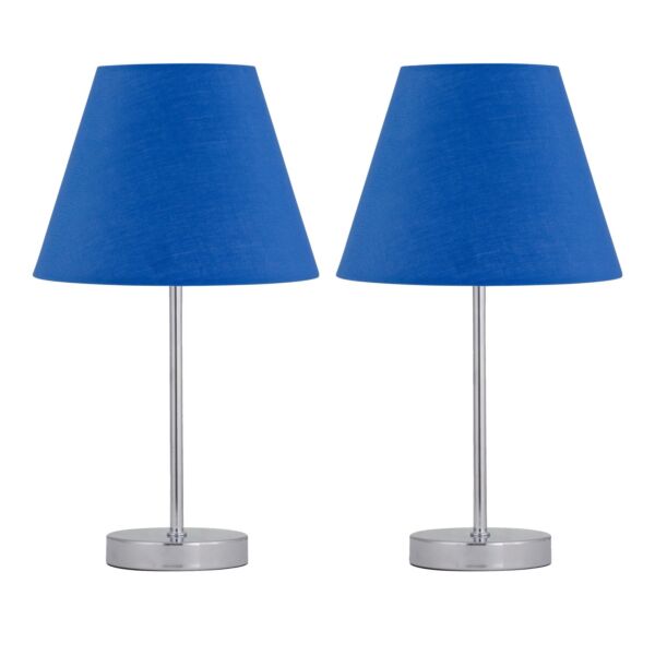 Set of 2 Chrome Stick Table Lamps with Royal Blue Fabric Shades