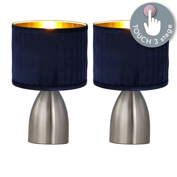 Set of 2 Valentina - Brushed Chrome Touch Lamps with Navy Pleated Velvet Shades