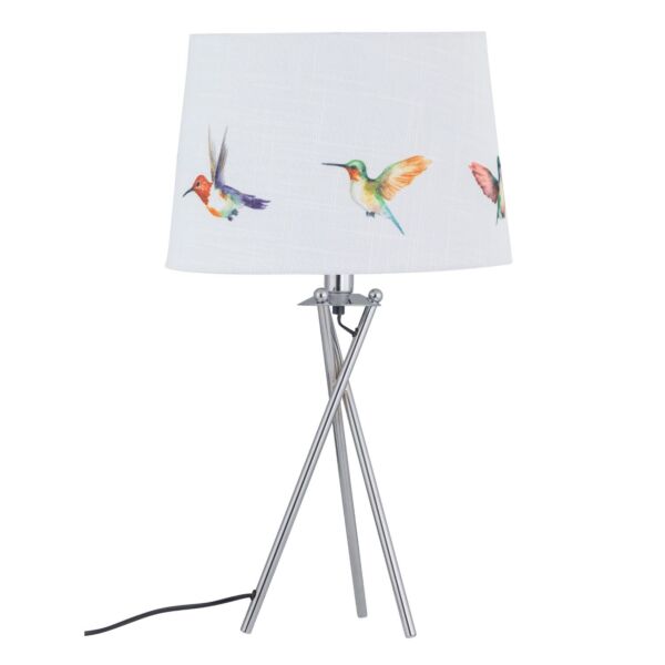 Hummingbird - Chrome Tripod Table Lamp with Linen Bird Print Shade