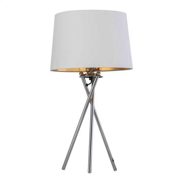 Tripod - Chrome Lamp with White & Gold Fabric Shade