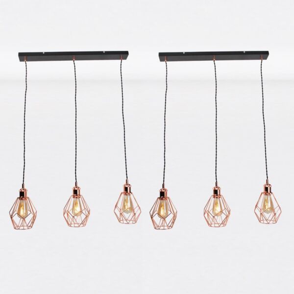 Set of 2 Matt Black & Copper Geometric 3 Light Bar Pendants