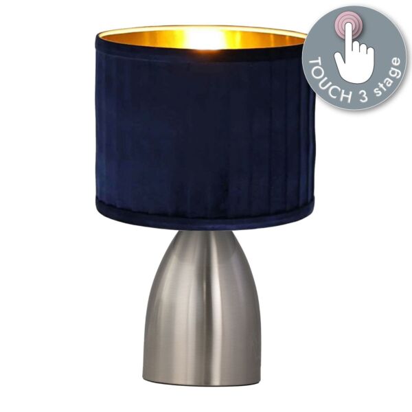 Valentina - Brushed Chrome Touch Lamp with Navy Pleated Velvet Shade