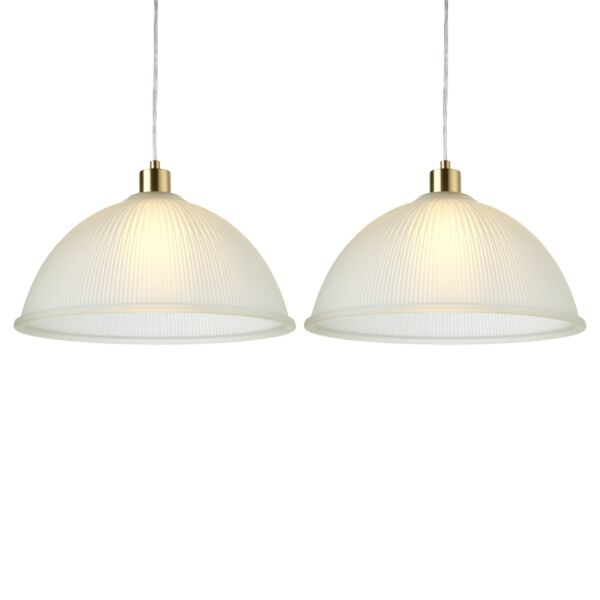 Set of 2 Frosted Ribbed Glass with Satin Brass Ceiling Pendants