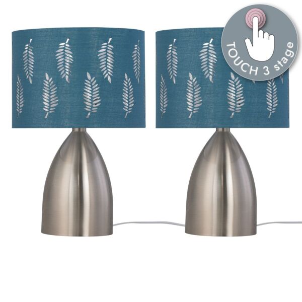 Set of 2 Valentina - Brushed Chrome Touch Lamps with Teal Fern Shades