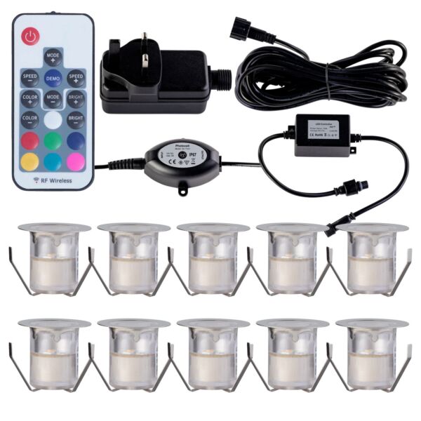 Set of 10 - 30mm Stainless Steel IP67 RGB Colour Changing LED Plinth Decking Kit with Dusk til Dawn Photocell Sensor