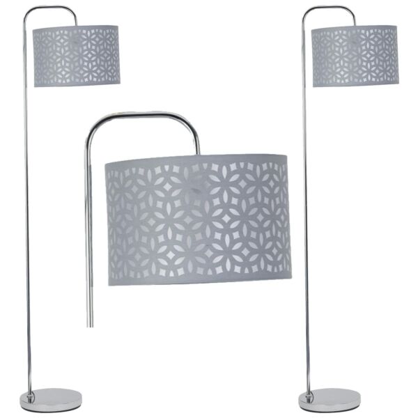 Set of 2 Chrome Arched Floor Lamps with Grey Laser Cut Shades